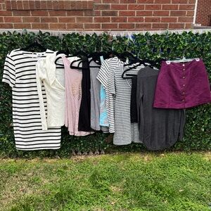 Striped Black & White Dress + Mixed Tops and Burgundy Button Skirt Bundle